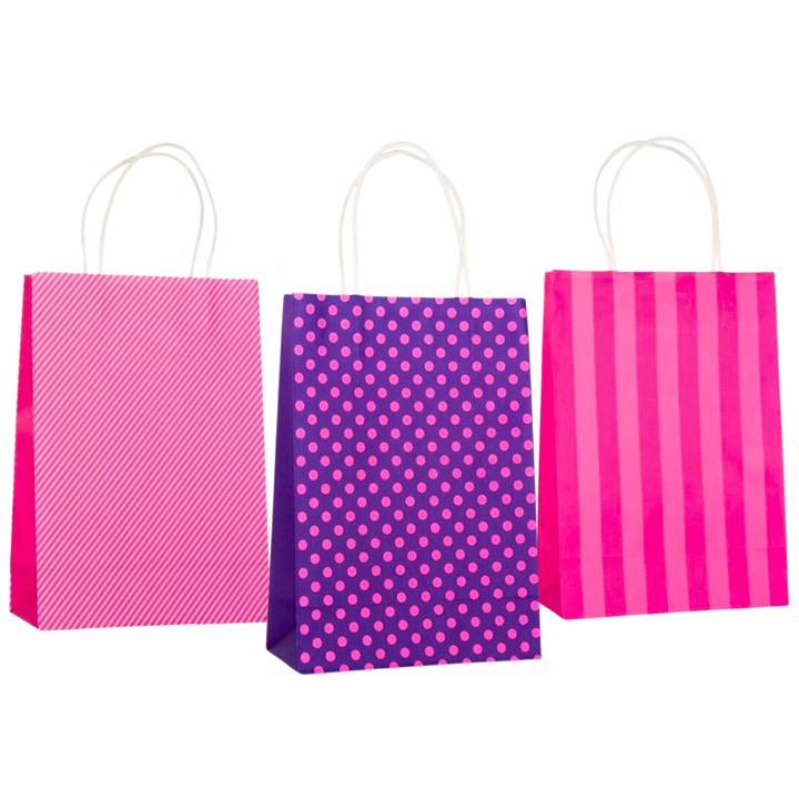 Set 3 x Punga cadou hartie, imprimeu buline si dungi, 20 x 10 x 29cm, roz-mov