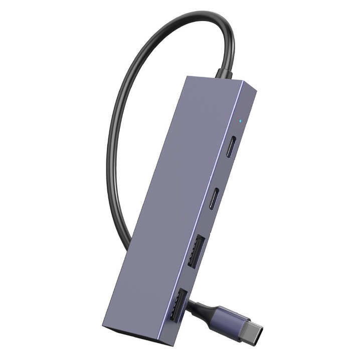 USB хъб, PowerTech, алуминий, 4 порта, 2 x USB / 2 x USB-C, 10 Gbps, USB-C връзка, тъмно сив