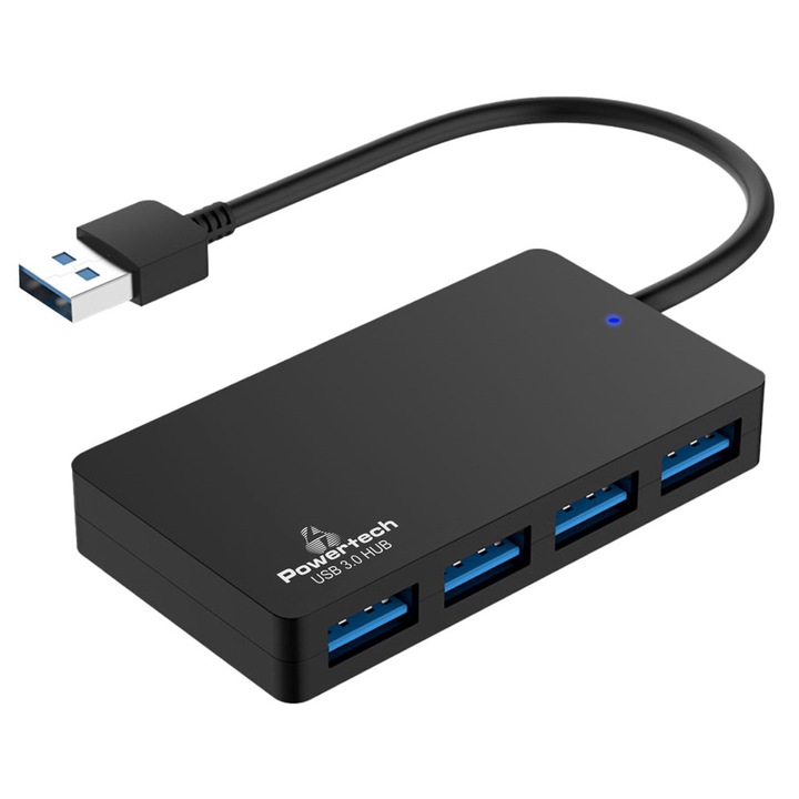 USB хъб POWERTECH PT-1145, 4 порта, 5 Gbps, USB връзка, черен