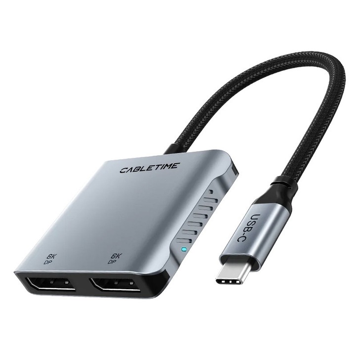 Докинг станция CABLETIME CT-CM2D8K-AG, Алуминий, 4 порта, 8K, 100 W, 58 x 52 x 10.6 мм, Сиво/Черно