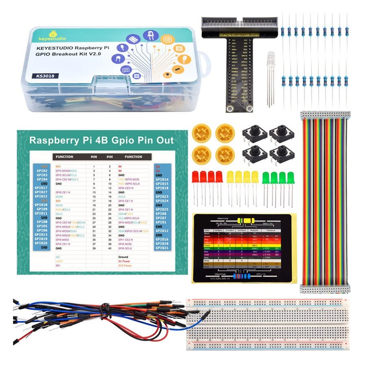 Комплект за роботика Keyestudio GPIO breakout KS3018 V2.0, Raspberry Pi съвместим, Breadboard 830 дупки, T-тип адаптер, LED