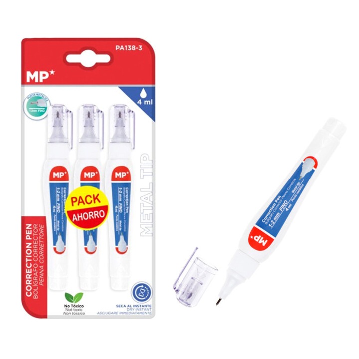 Комплект 3 коректора, MP, метален накрайник, 1.2 mm, 4 ml, 14 cm, бял