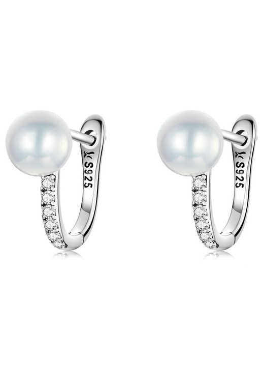 Cercei tip creola Bamoer, argint 925, zirconiu cubic si perla, alb, 1.4cm