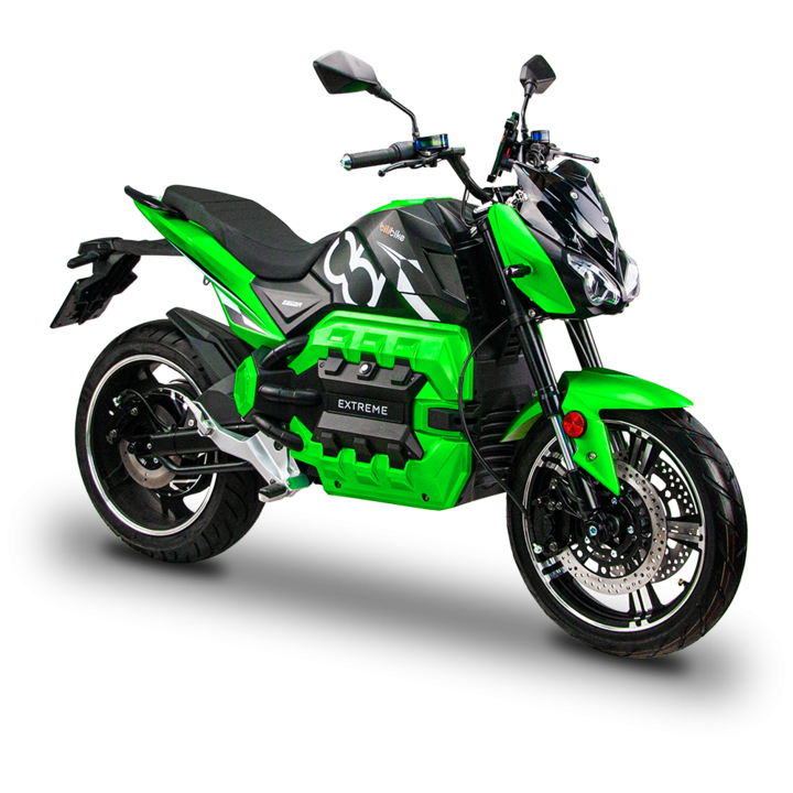 Motocicleta electrica BILI BIKE EXTREME 6 kW brushless, viteza max 100 km/h, autonomie 220 km*, 72V 120Ah Li-ion, frane disc E-ABS, suspensie MONOSHOCK, LED, LCD, suport telefon + USB, verde/negru