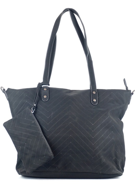 Дамска шопниг чанта през рамо с перфорирана V шарка, полиестер, черна