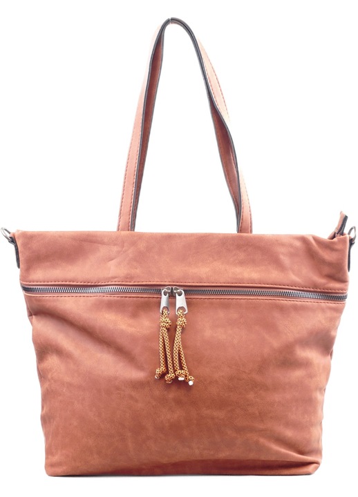 Дамска шопинг чанта за през рамо с широк преден джоб, изкуствена кожа, кафява