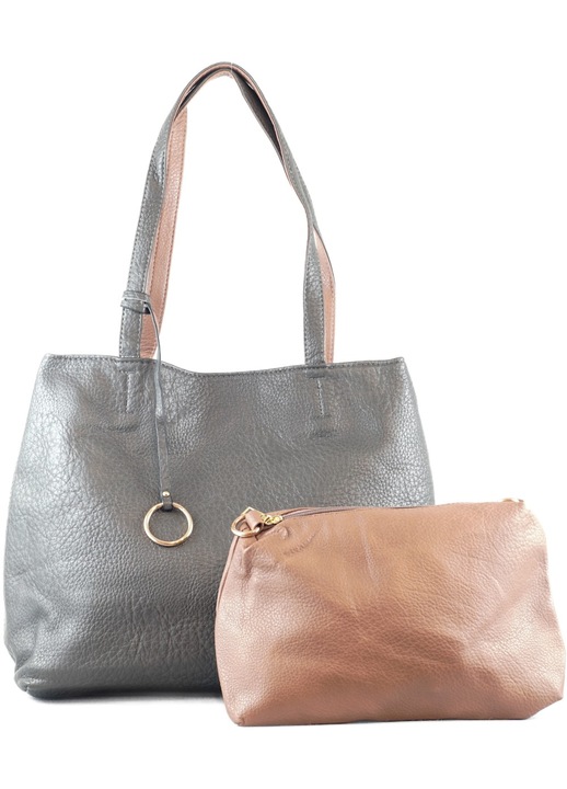 Дамска чанта за през рамо с халки, изкуствена кожа, сива