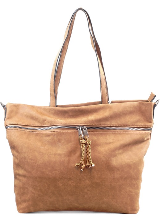 Дамска шопинг чанта за през рамо с широк преден джоб, изкуствена кожа, светло кафява