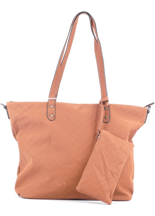 Дамска шопинг чанта през рамо с перфорирана V шарка, полиестер, кафява