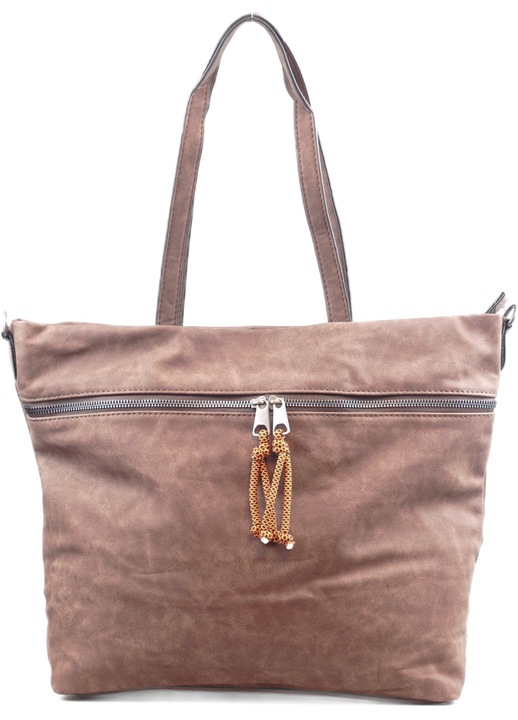 Дамска шопинг чанта за рамо с широк преден джоб, изкуствена кожа, тъмно кафява