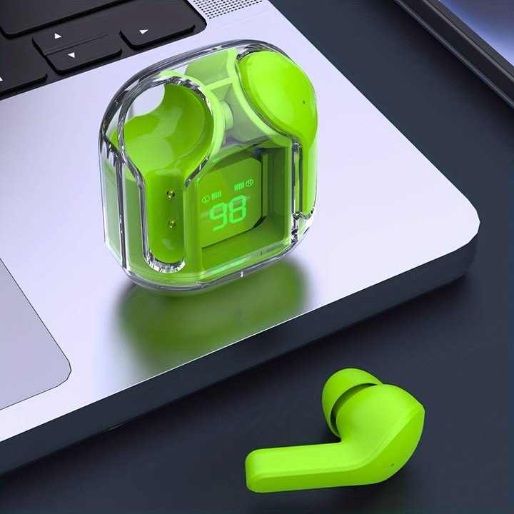 Vezeték nélküli In-Ear, TWS fülhallgató, Bluetooth 5.3-mal, HD mikrofonnal, érintésvezérléssel, digitális kijelzővel, zajszűrővel (ANC-ENC), gyors töltéssel, vízálló kivitel, mágneses tok - Neonzöld Átlátszó