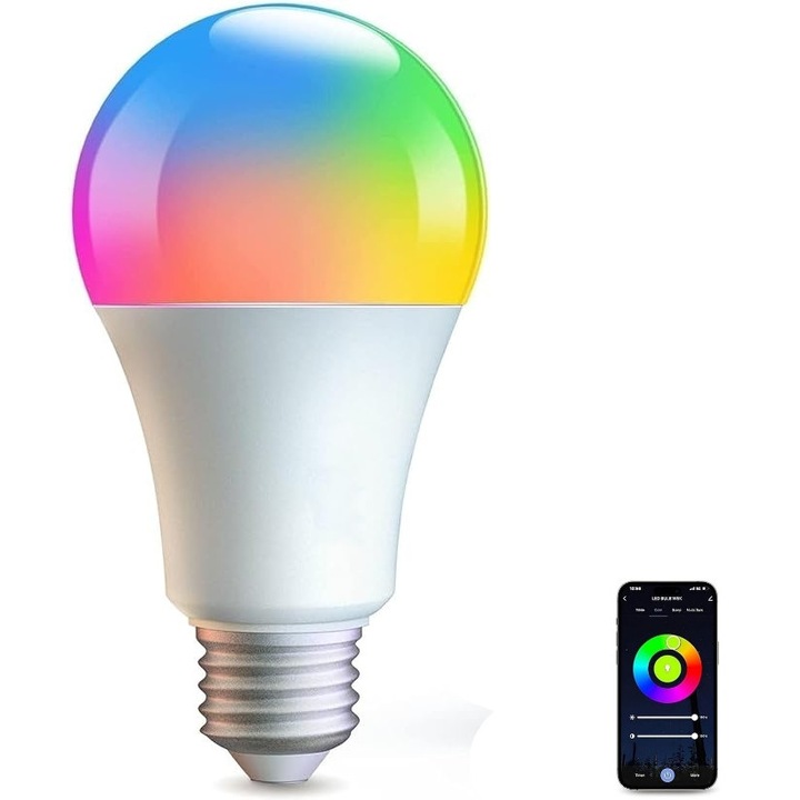 Bec RGB+CCT cu Led Inteligent, 15W, Tuya, Control din Aplicatie, Autonomie 50000 de ore, Lumina Calda si Rece, Control Vocal, WiFi 2.4 GHz, 14cm, Alb