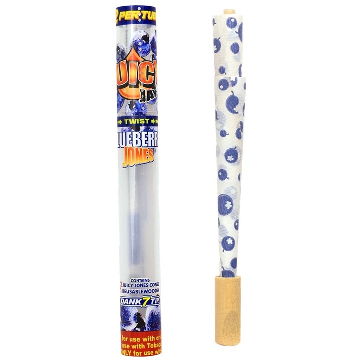 Conuri pre-rulate din canepa Juicy Jay's Jones, aroma Blueberry - Afine cu mustiuc de lemn, 2 conuri in tub, lungime 90mm