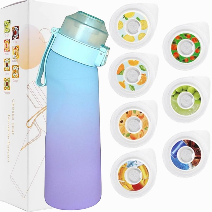 Sticla de apa cu 7 pastai de aroma, zero calorii, WALALLA, Sticla apa compatibila cu Capsule Air up!, arome naturale, pentru senzatia de apa aromatizata,650 ml, Albastru/violet