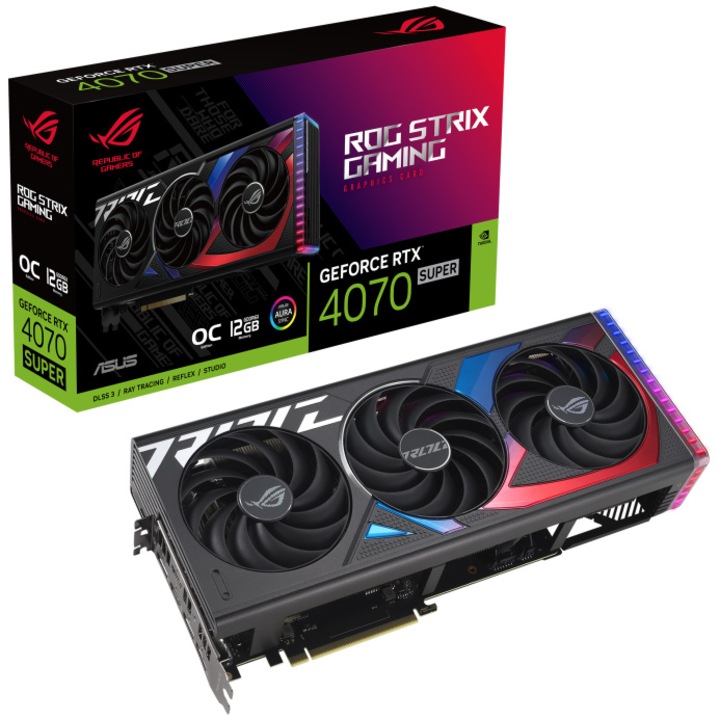 Видеокарта ASUS GeForce RTX 4070 SUPER ROG STRIX OC, 12GB, GDDR6X, 192-bit, DLSS 3.0