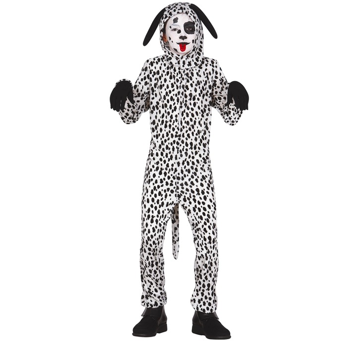 Costum copii caine dalmatian, salopeta cu gluga si coada, 7-9 ani, 128-134 cm