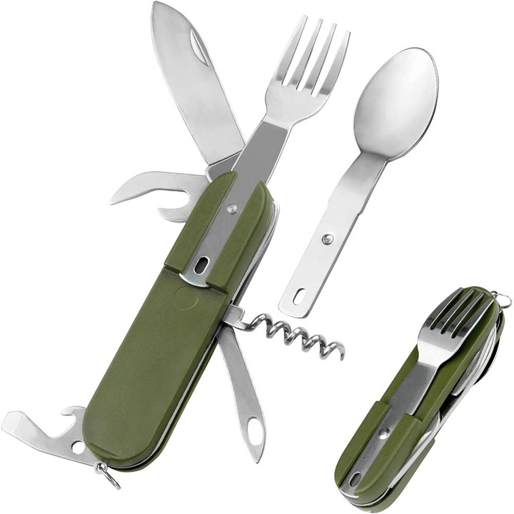 Cutit multifunctional, BOMSTOM, Otel inoxidabil, ine cu o geanta de mana, rezistenta la rugina si durabila, portabila si pliabila, detasabil, Verde/Argintiu