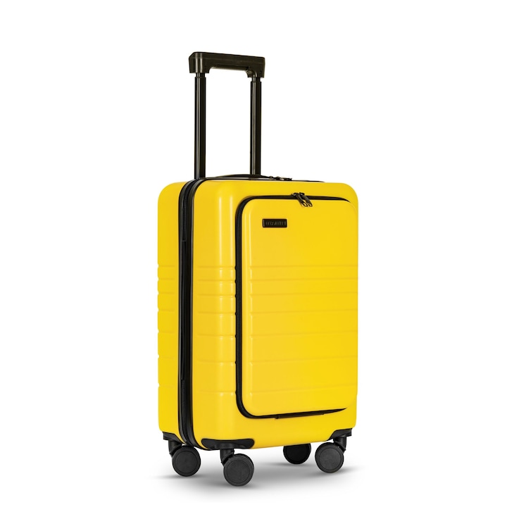 Troler cabina avion, Eternitive, E1, ABS, Lacat TSA, Roti duble 360, Suport pentru telefon si bautura, Galben, 55 x 35 x 24.5 cm, 40 l