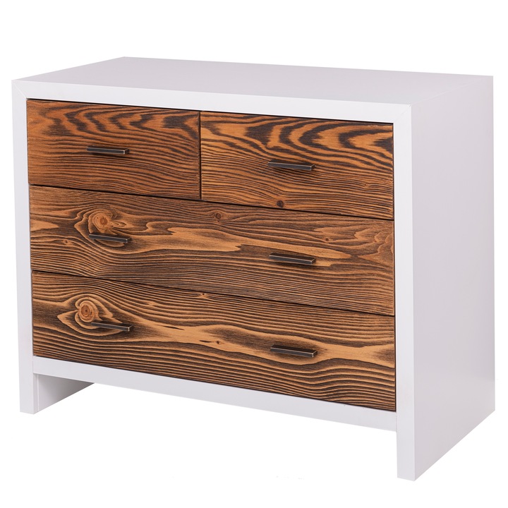 Comoda cu 4 sertare "Rustic Haven", culoare corp alb P004, culoare sertare maro P064, dublu color