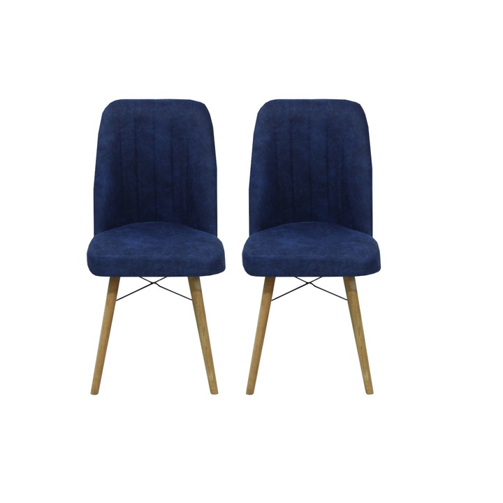 Set 2 scaune Atena, cadru din metal, picioare maro, tapiterie din material textil, albastru, 93x46 cm