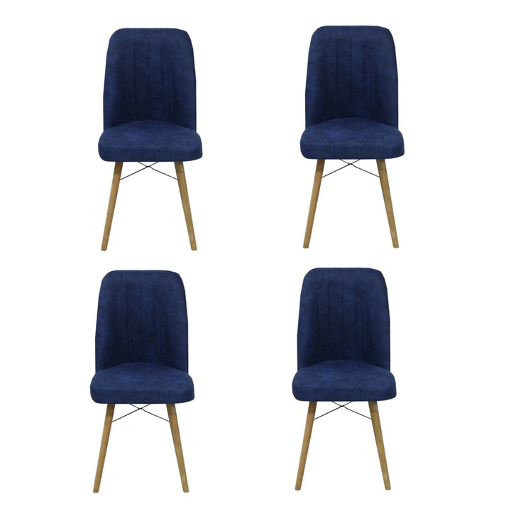 Set 4 scaune Atena, cadru din metal, picioare maro, tapiterie din material textil, albastru, 93x46 cm
