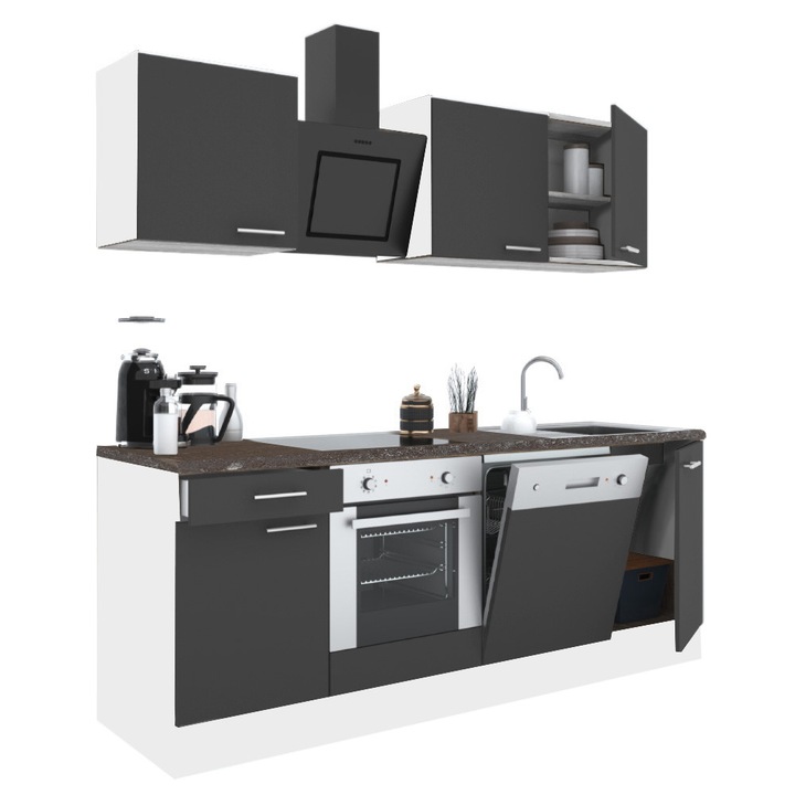 Set mobila bucatarie Leziter Yorki 220 corp alb, fata gri satinat cu element inferior cuptor