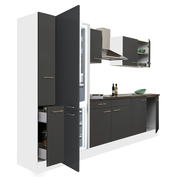 Set mobila bucatarie Leziter Yorki 300, corp alb, fata antracit satinat, frigider cu congelator inferior