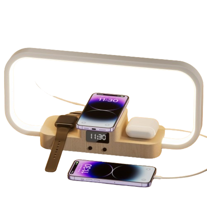 Lampa de noptiera CRLL cu LED si Incarcator Wireless, Reglare Luminozitate si Control Tactil al modului de 5 culori, USB, ceas electronic, Statie de Incarcare 3-in-1 pentru Seria iPhone/AirPods/iWatch