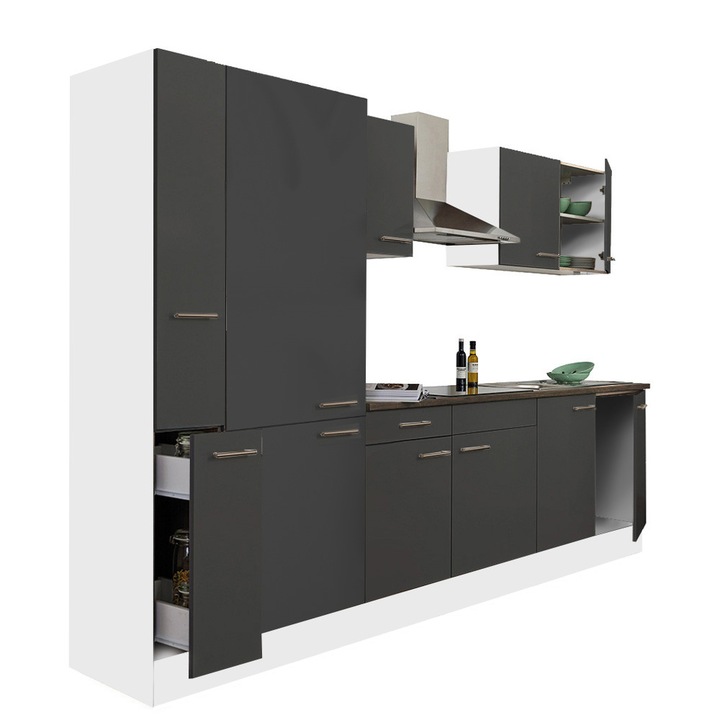 Set mobila bucatarie Leziter Yorki 300 corp alb, fata antracit satinat cu dulap raft