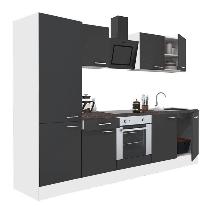 Set mobila bucatarie Leziter Yorki 270, corp alb, fata antracit satinat cu element inferior cuptor, dulap cu raft