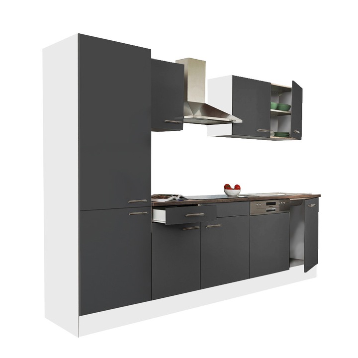 Set mobila bucatarie Leziter Yorki 280 corp alb, fata antracit satinat cu dulap raft