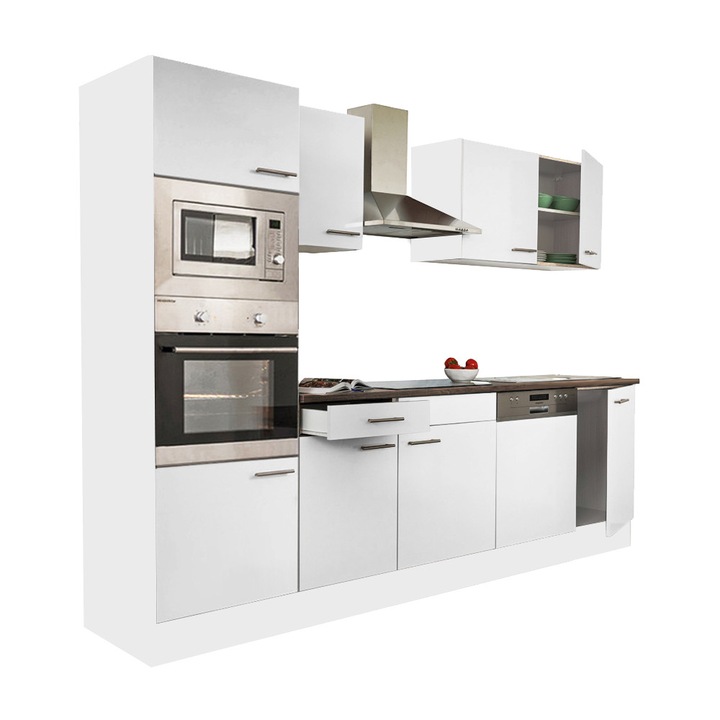 Set mobila bucatarie Leziter Yorki 280 cu corp alb si fata alb satinat