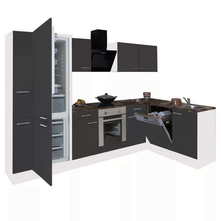 Set mobila bucatarie Leziter Yorki 310, corp alb, fata antracit satinat cu element inferior cuptor, frigider cu balsam inferior