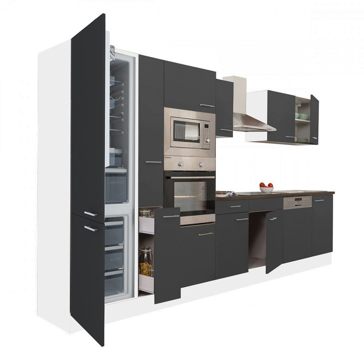 Set mobila bucatarie Leziter Yorki 370, corp alb, fata antracit satinat, frigider cu congelator inferior