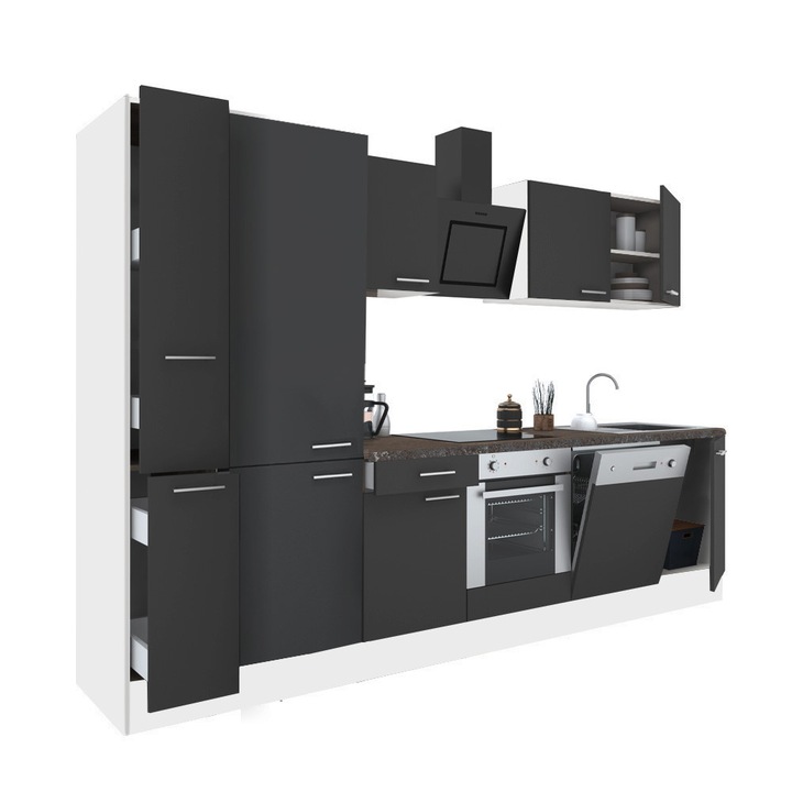 Set mobila bucatarie Leziter Yorki 310, corp alb, fata antracit satinat cu element inferior cuptor, dulap cu raft