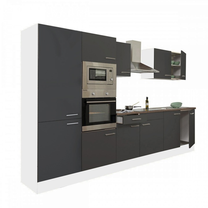 Set mobila bucatarie Leziter Yorki 330 corp alb, fata antracit satinat cu dulap raft