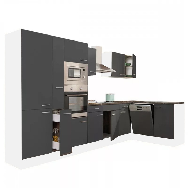 Set mobila bucatarie coltar Leziter Yorki 370, corp alb, fata antracit satinat, cu dulap raft