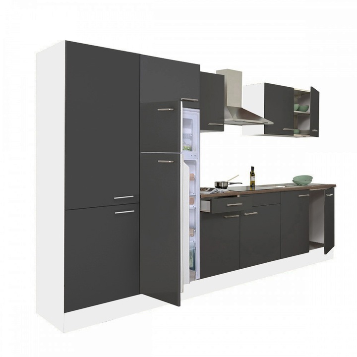Set mobila bucatarie Leziter Yorki 330 cu corp alb, fata antracit satinat, dulap cu raft si frigider cu congelator superior