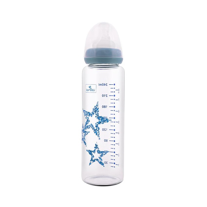 Biberon din sticla cu tetina anti-colici, Lorelli, 0 luni+, 240 ml, Blue
