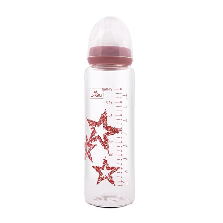 Biberon din sticla cu tetina anti-colici, Lorelli, 0 luni+, 240 ml, Pink