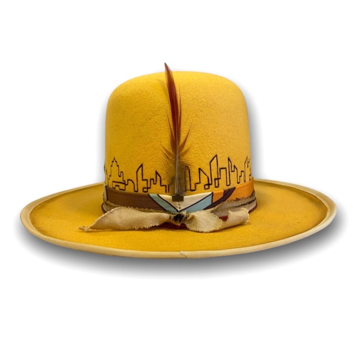 Palarie handmade fetru lana premium ‘’Digital City’’ Portocaliu caisa, marime 56 cm