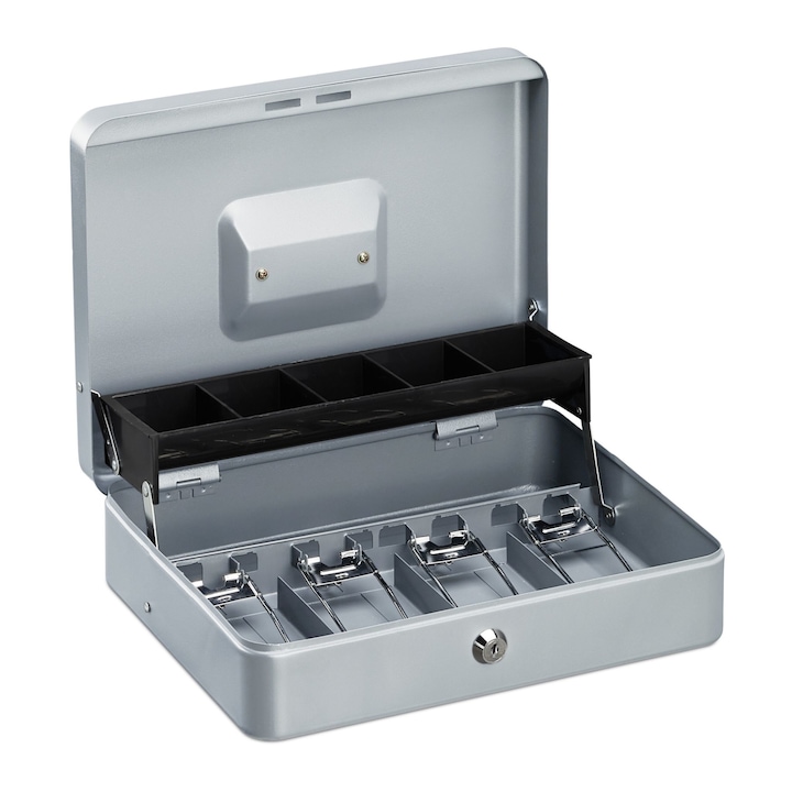Caseta valori pentru bancnote si monede Relaxdays, argintiu, 8.5 x 30.5 x 24.5 cm