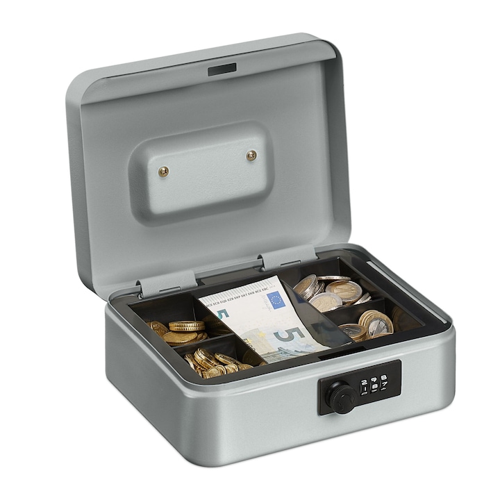 Caseta valori pentru bancnote si monede, Relaxdays, Argintiu, 8.5 x 20 x 17 cm