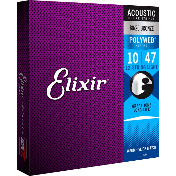 Комплект струни за акустична китара, Elixir, 11150, Polyweb, 12 броя бронзови, 10/47 и 10/27
