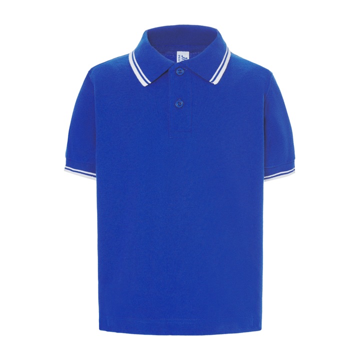 Tricou polo copii, 100% bumbac, Pique Kid, Alb/Albastru royal