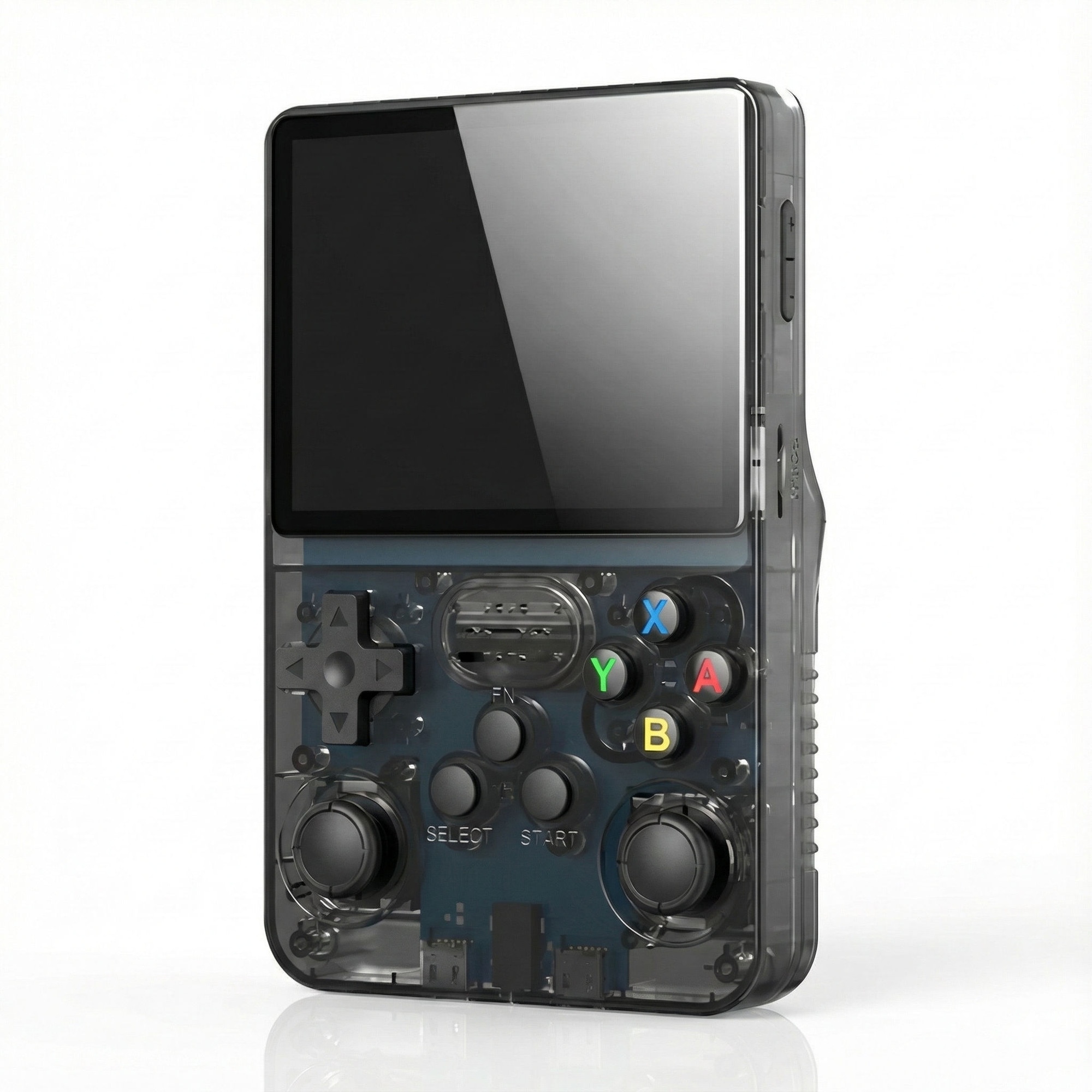 Consola retro portabila R36S 64GB cu jocuri, quad core Cortex-A53 1.5GHz, 1GB DDR3, IPS LCD 3.5" 640x480, 3200 mAh, negru transparent
