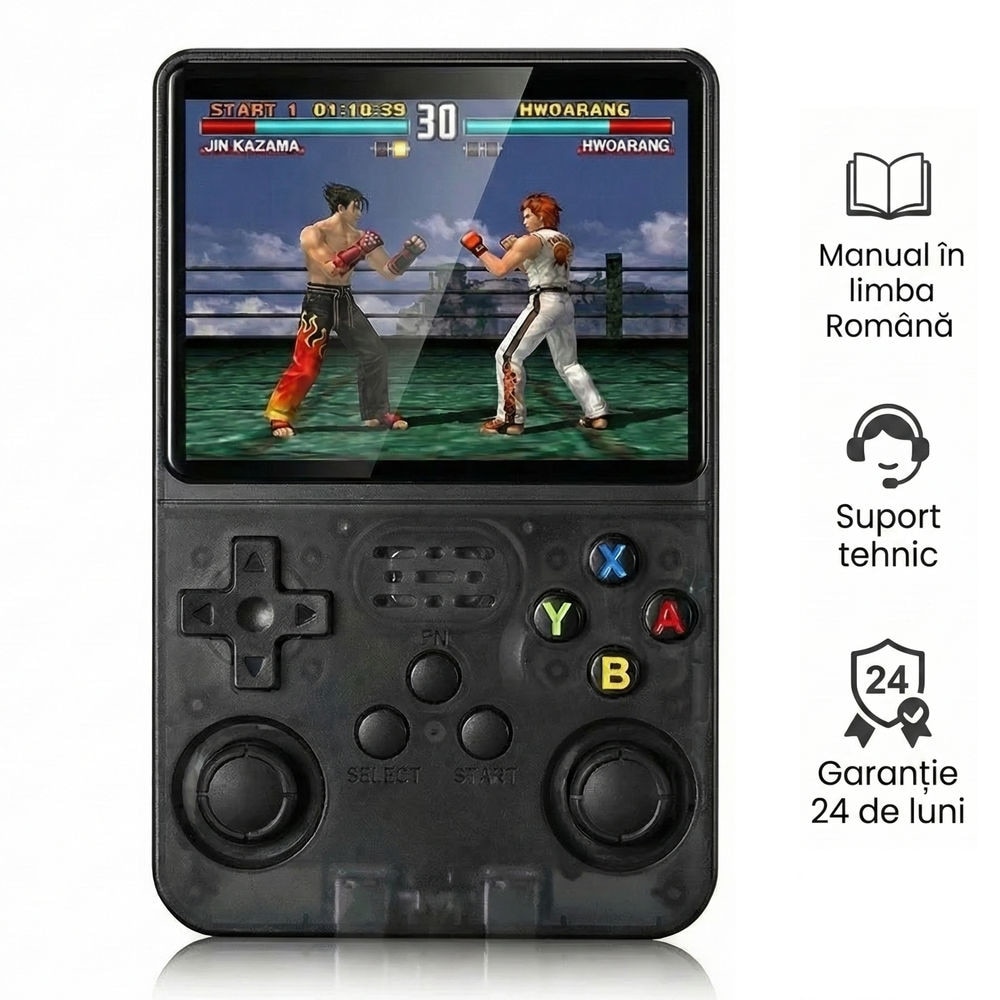 Consola retro portabila R36S 64GB cu jocuri, quad core Cortex-A53 1.5GHz, 1GB DDR3, IPS LCD 3.5" 640x480, 3200 mAh, negru transparent