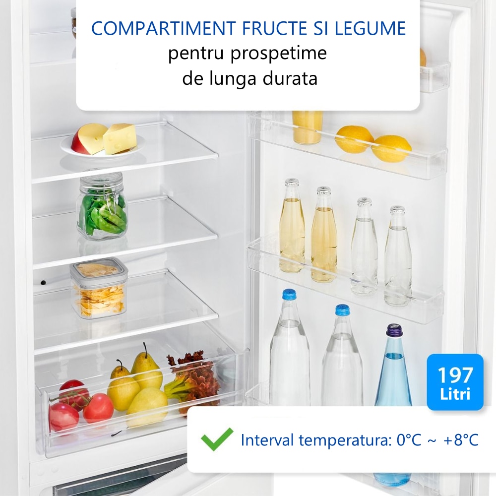 Frigider Bomann, KG7353W, H 180 cm, capacitate 268 l, consum redus, clasa C, 4 rafturi, compartiment pentru fructe/legume, usi reversibile, congelator 41 l, alb