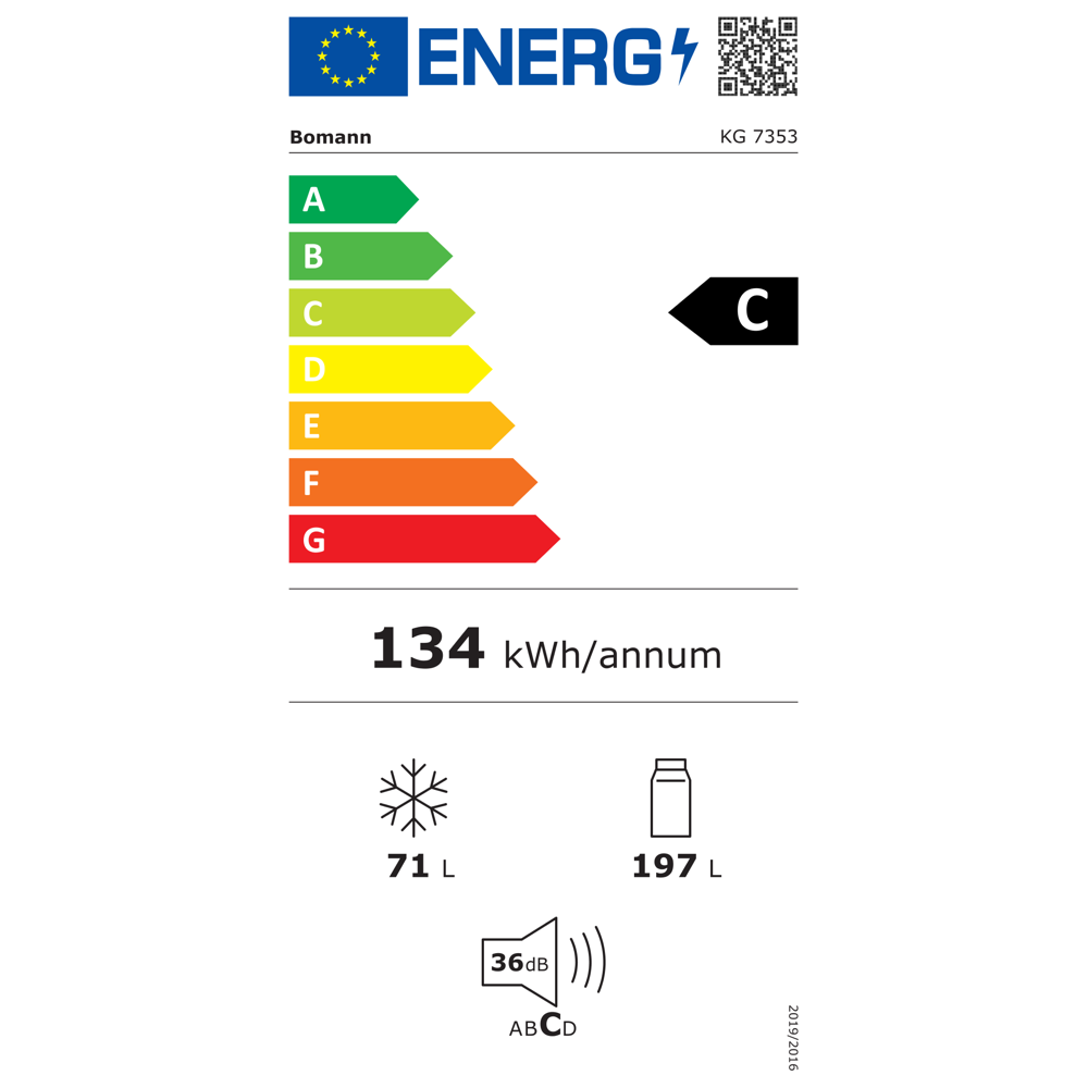 Frigider Bomann, KG7353W, H 180 cm, capacitate 268 l, consum redus, clasa C, 4 rafturi, compartiment pentru fructe/legume, usi reversibile, congelator 41 l, alb