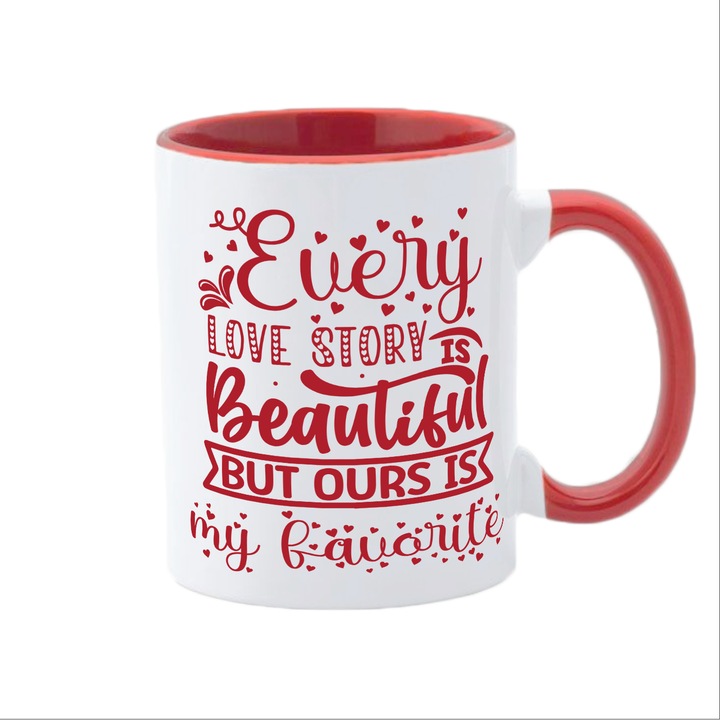 Cana alba personalizata, interior rosu si maner rosu, Colectia Valentine's Day, Every love story is beautiful Model 2, 350 ml